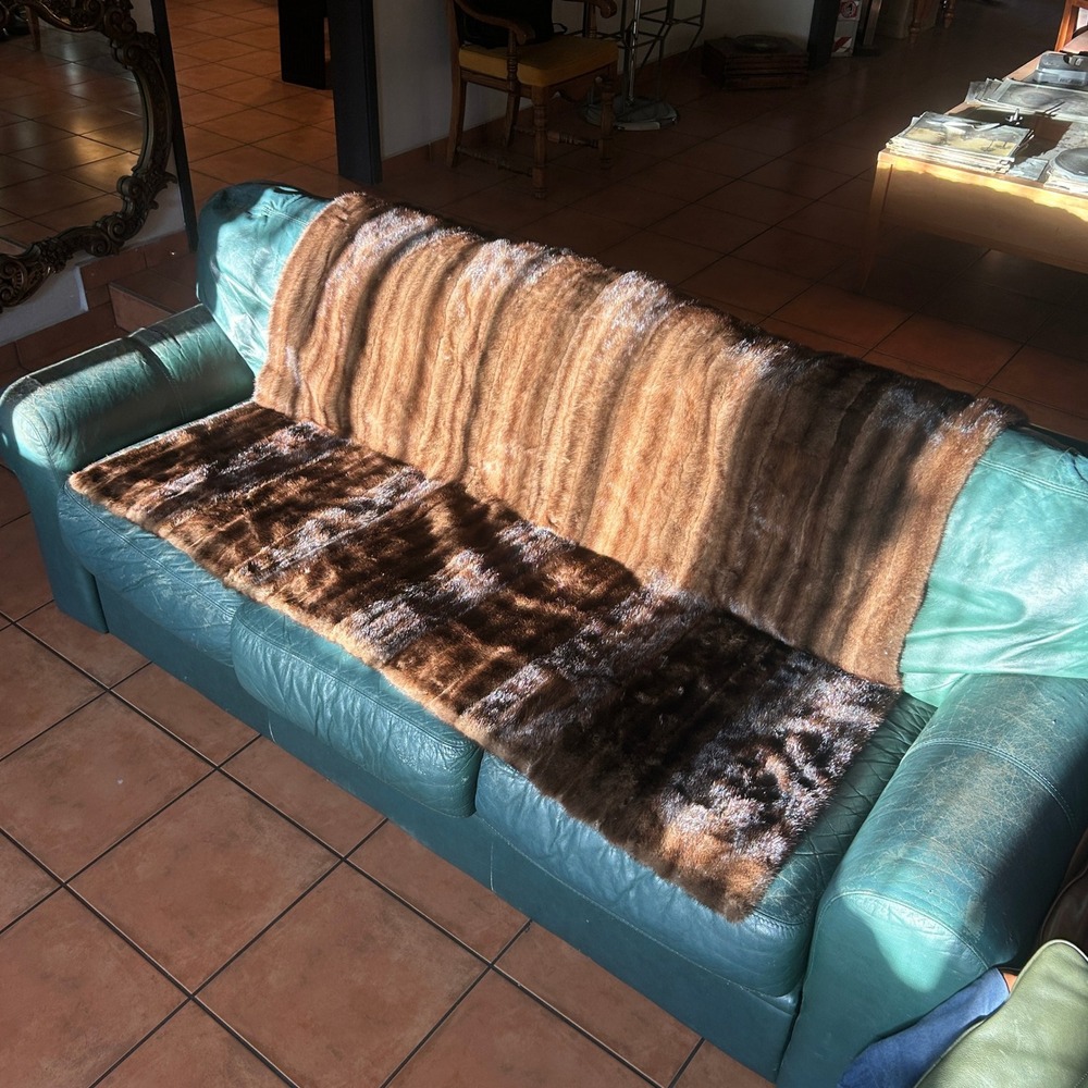 Vintage Genuine Mink Fur Throw Blanket Mahogany Brown Large Pelt Rug 59x48
